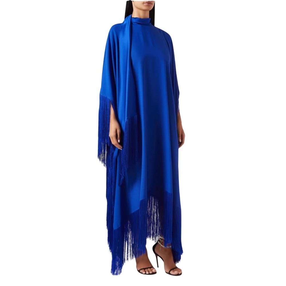 Taller Marmo Fringed Crepe Kaftan Royal Blue Womens One Size Dress Luxury Italy